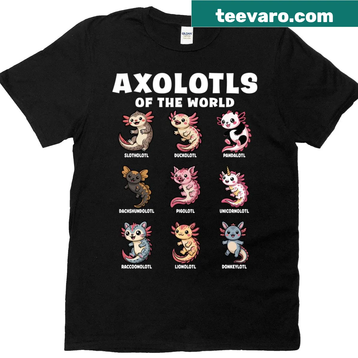 Cute axolotls graphic on T-shirt celebrating these unique creatures — on a men's t-shirt