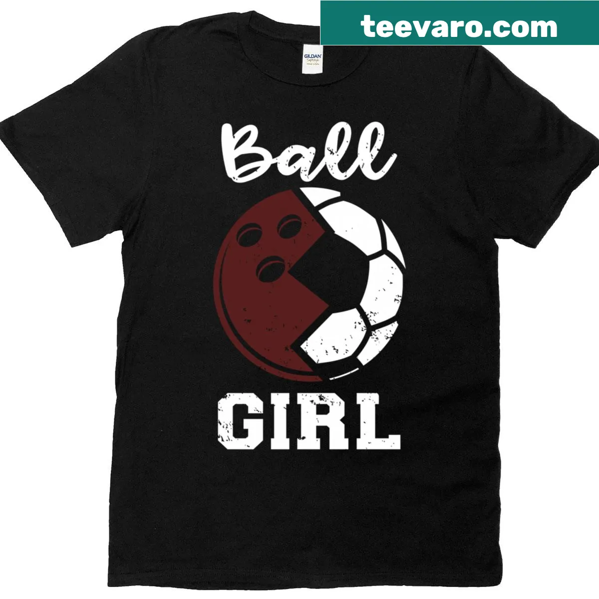 Funny graphic of a girl combining soccer and bowling elements — on a men's t-shirt