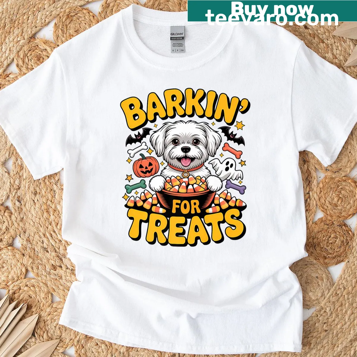 Funny Halloween shirt with 'Barkin For Treats' phrase and candy corn graphic — on a men's t-shirt