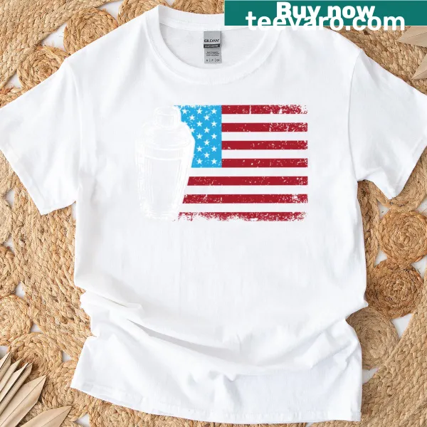Vintage-style t-shirt featuring bartending tools and American flag design