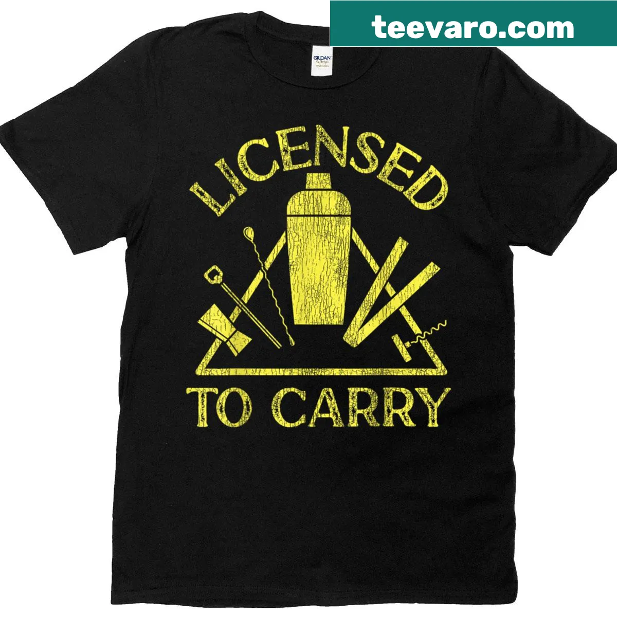 Bartender shirt with the phrase 'Licensed To Carry' and drink imagery — on a men's t-shirt