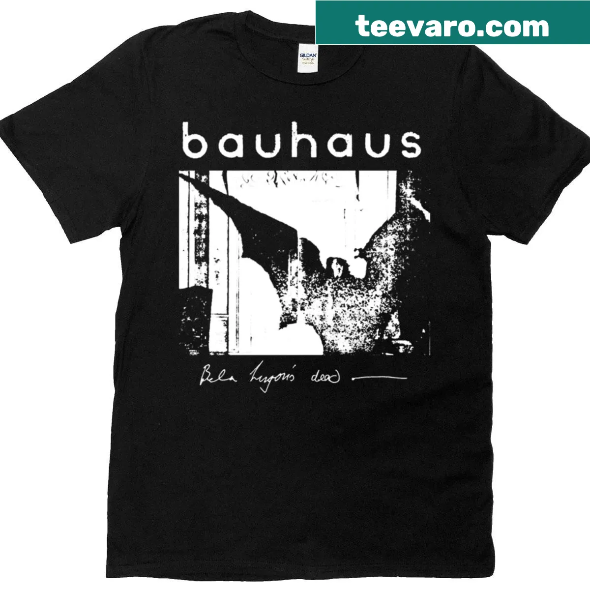 Vintage-style T-shirt featuring Bauhaus and Bela Lugosi inspired design. — on a men's t-shirt