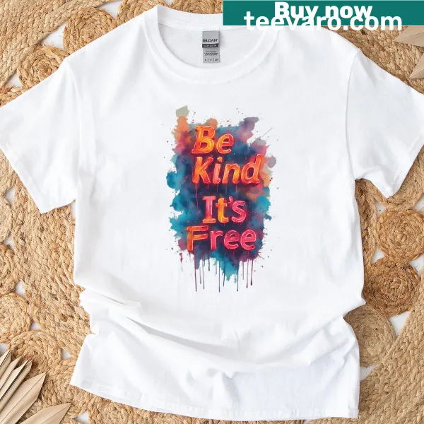 Neon splash art t-shirt with 'Be Kind, It's Free' text.
