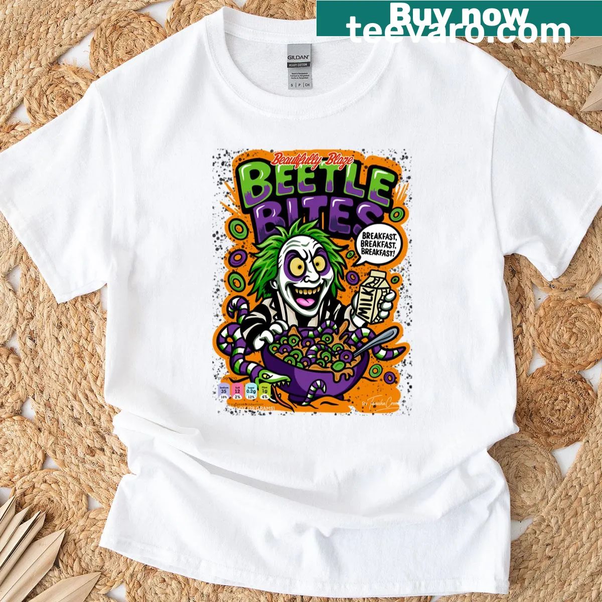 Cartoon shirt featuring 'Beetle Bites' breakfast cereal parody with creepy beetles — on a men's t-shirt