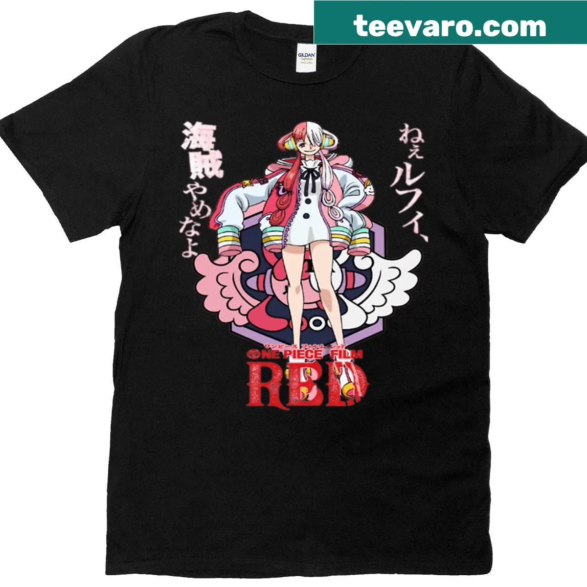 Cute Uta One Piece t-shirt showcasing a fun cartoon graphic. — on a men's t-shirt