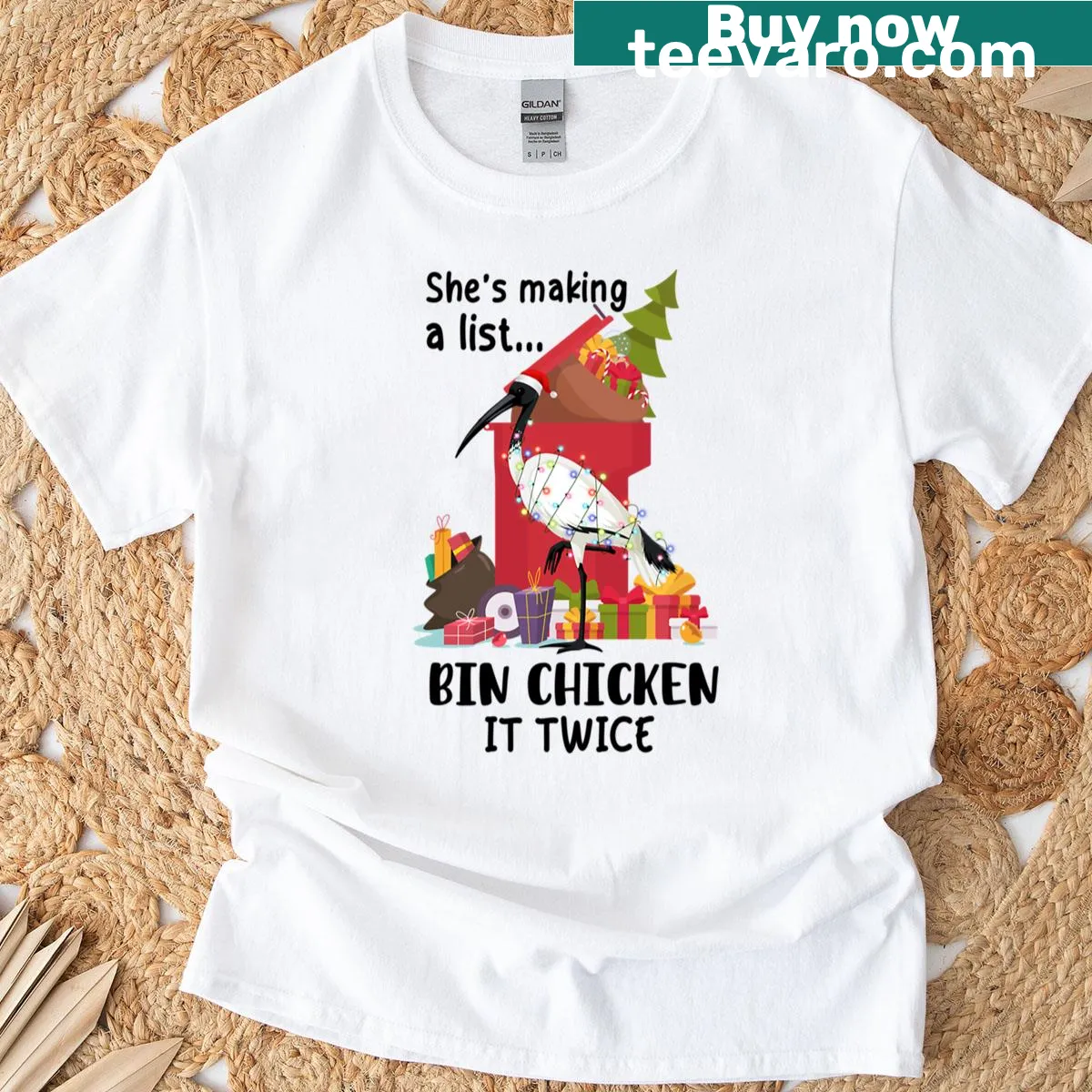 Illustrated Bin Chicken with holiday text about making a list. — on a men's t-shirt