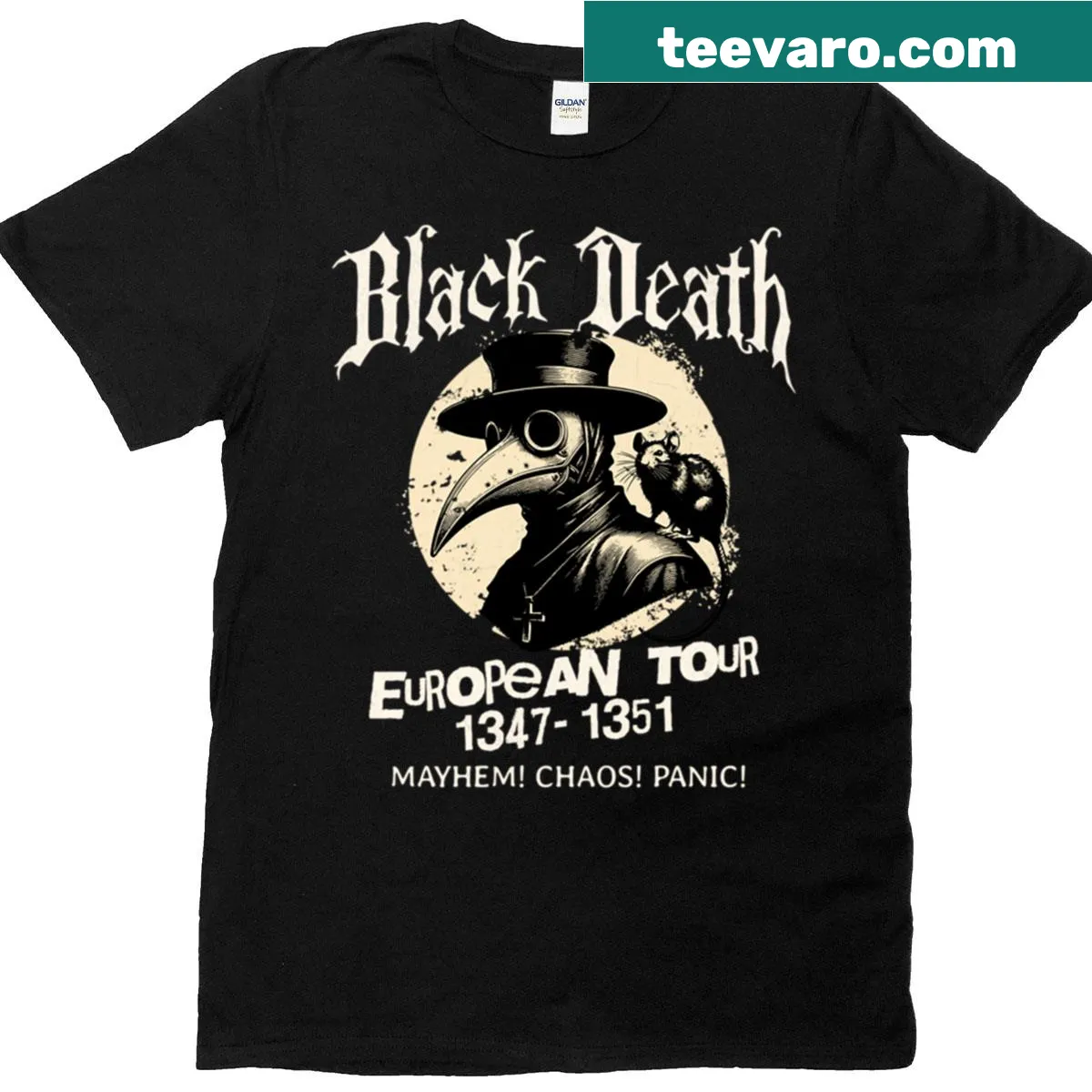 Funny tour t-shirt with text about the Black Death — on a men's t-shirt