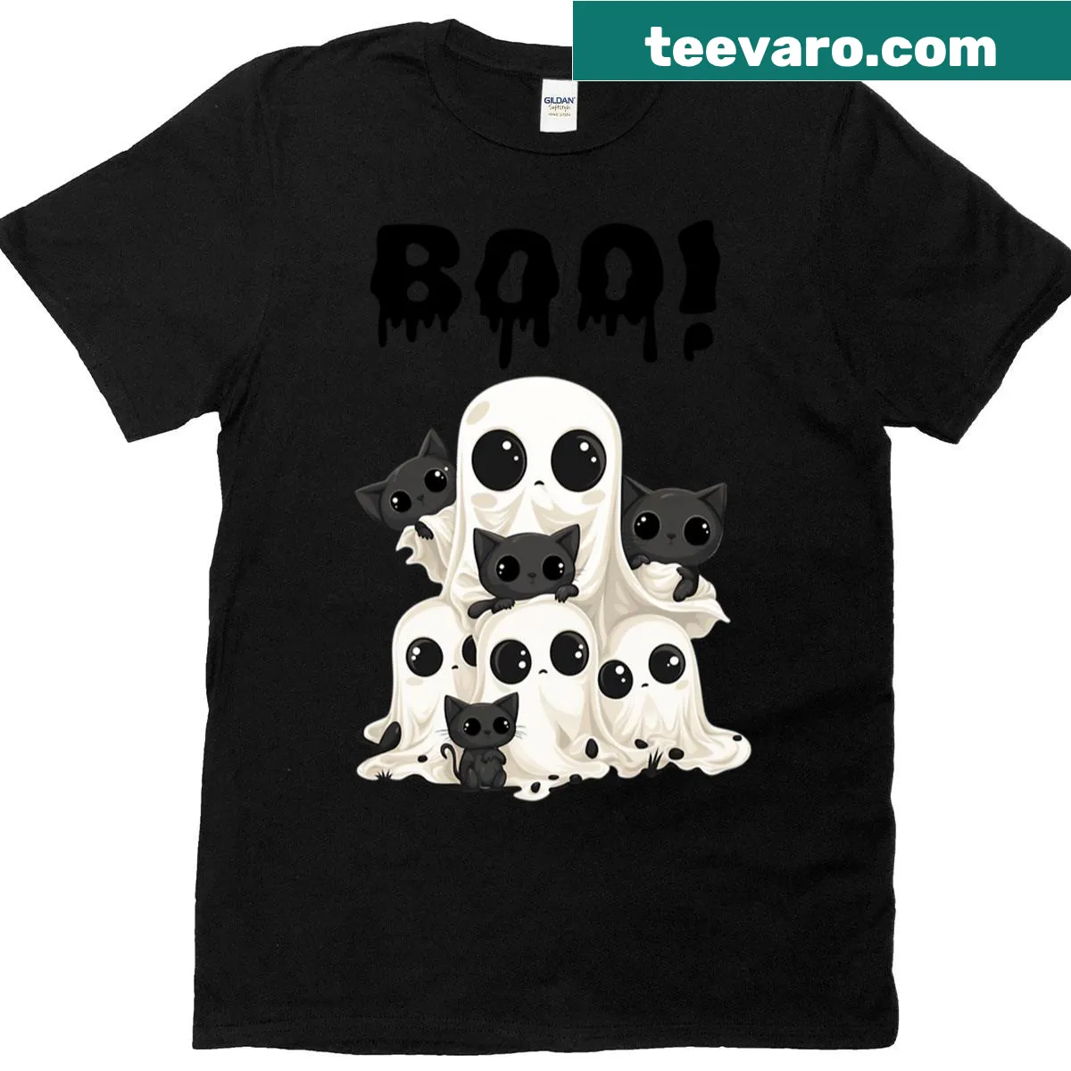 Cute black kittens in ghost costumes for Halloween — on a men's t-shirt