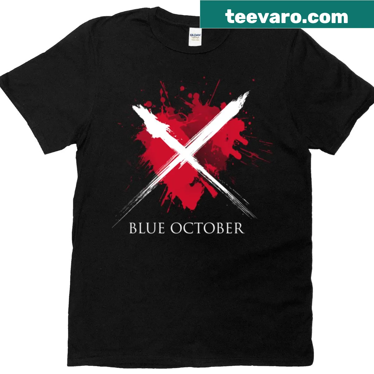 Blue October heart typography graphic t-shirt — on a men's t-shirt
