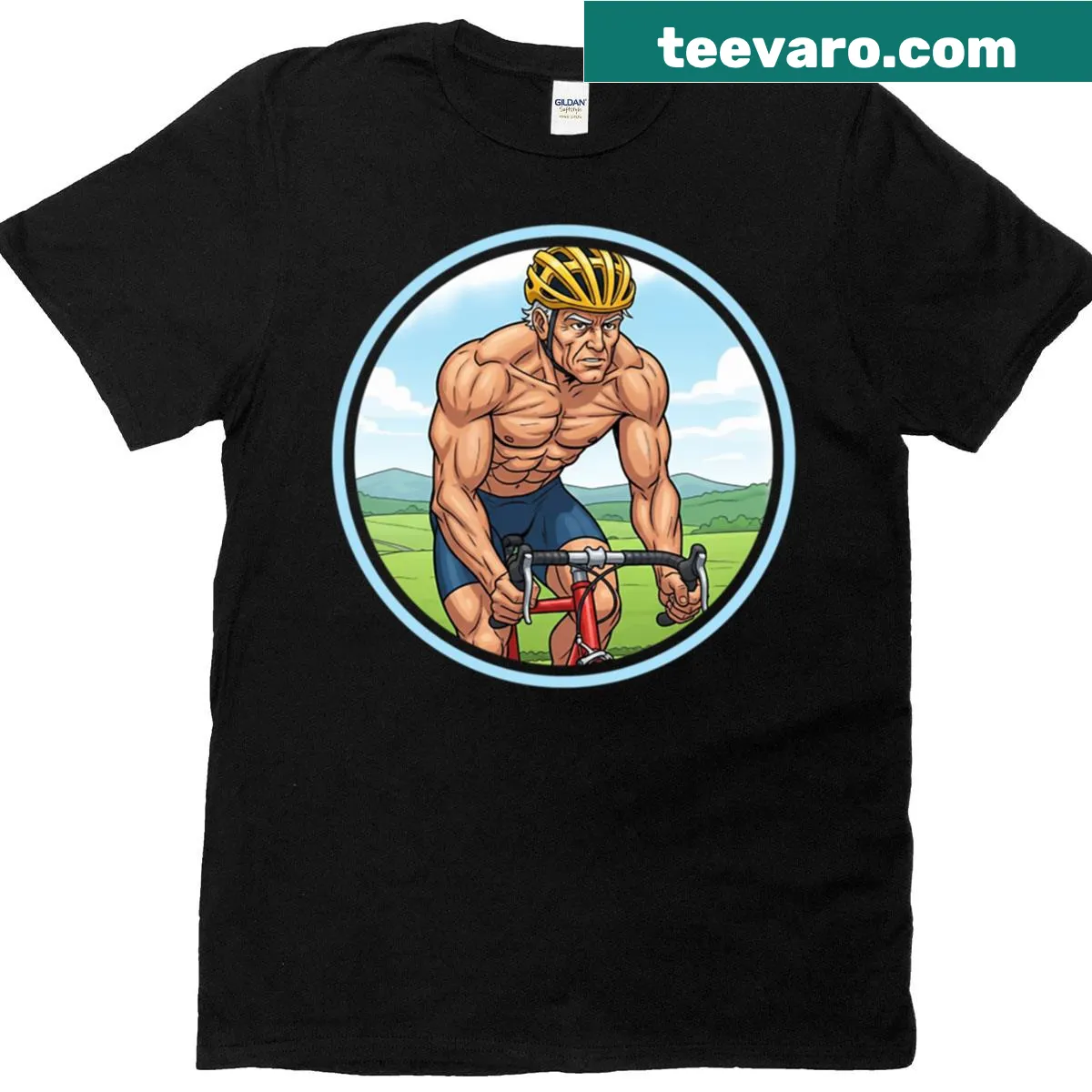 Bodybuilder dad cycling graphic t-shirt — on a men's t-shirt