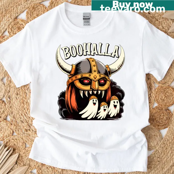 Cartoon Nordic pumpkin ghost on a Halloween T-shirt.