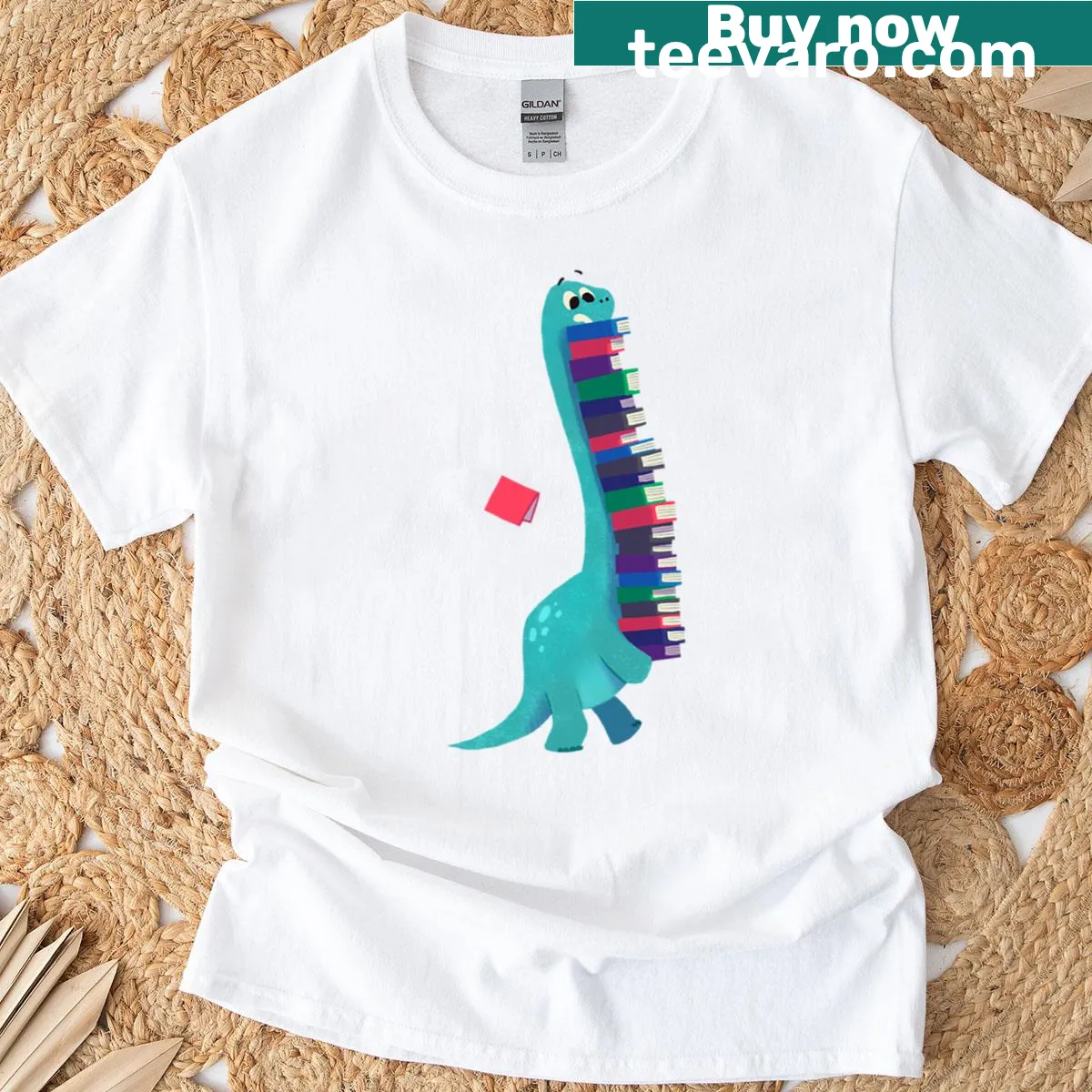 Illustration of dinosaurs with books on a T-shirt — on a men's t-shirt