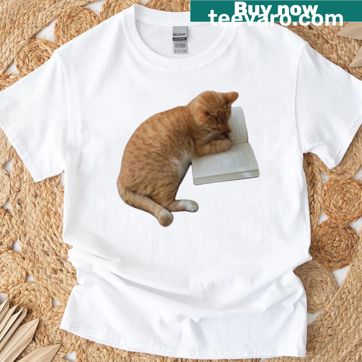 Illustration of a cat among books on a t-shirt — on a men's t-shirt