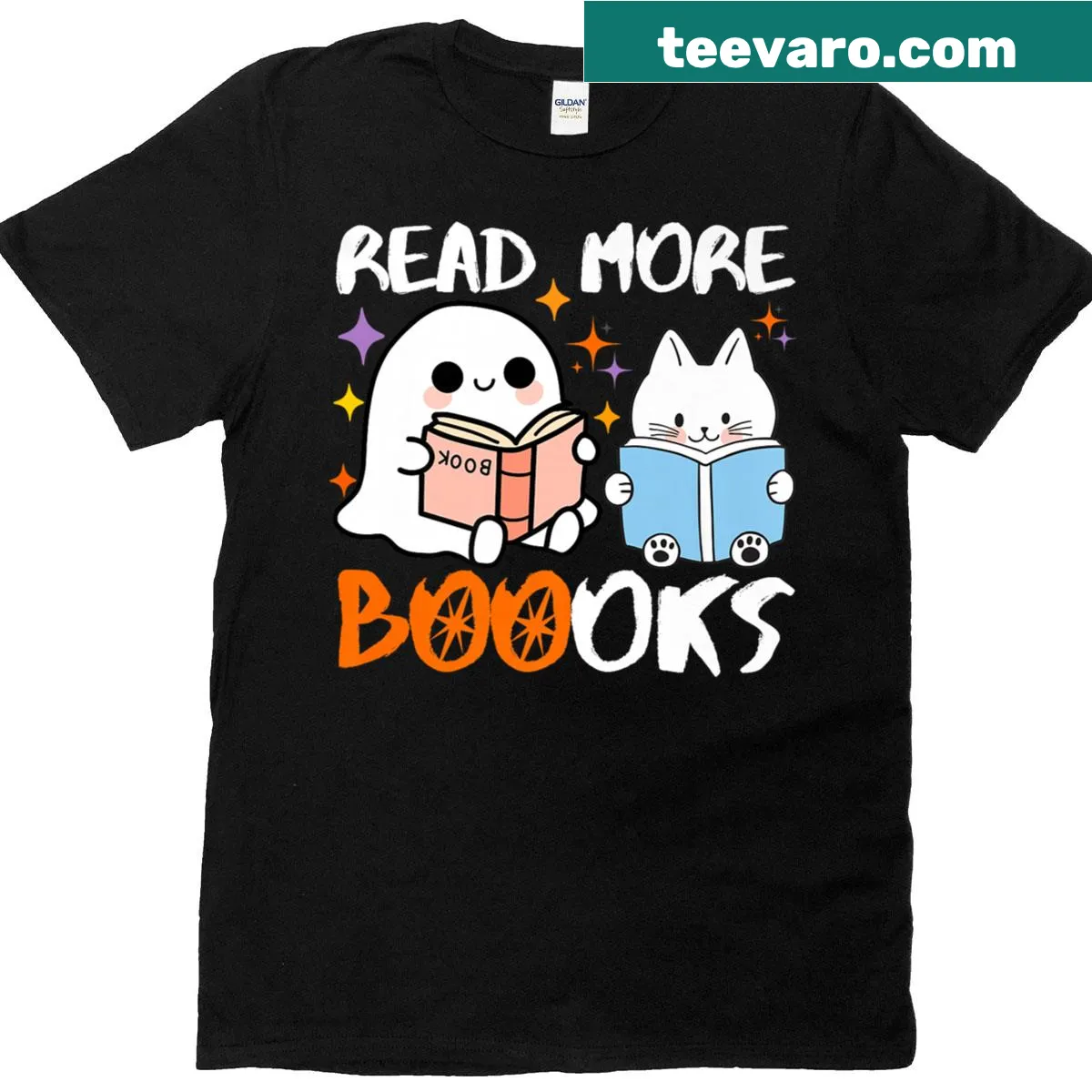 Funny teacher Halloween t-shirt with Booooks Ghost design promoting literacy. — on a men's t-shirt
