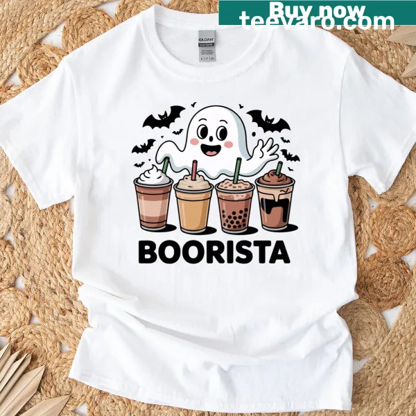 Funny ghost holding coffee with 'Boorista' text in design.