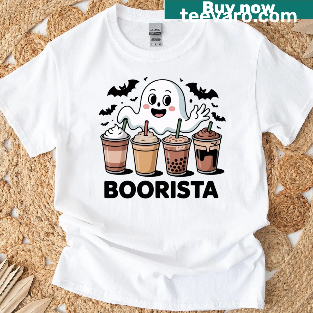 Funny ghost holding coffee with 'Boorista' text in design. — on a men's t-shirt