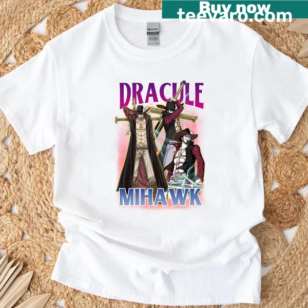 Bootleg-style Dracule Mihawk illustration on a t-shirt