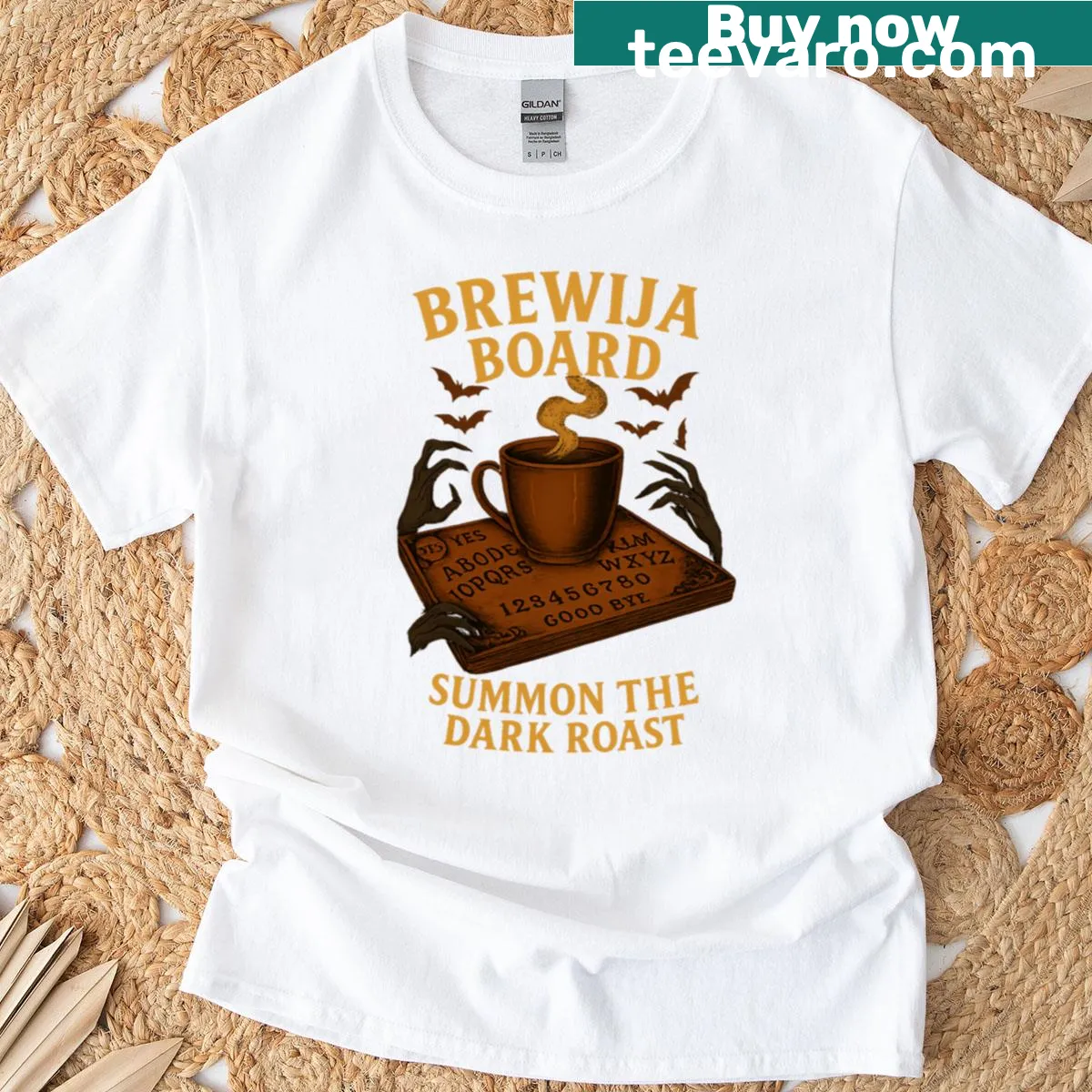 A humorous coffee-themed t-shirt featuring 'Summon The Dark Roast' text — on a men's t-shirt