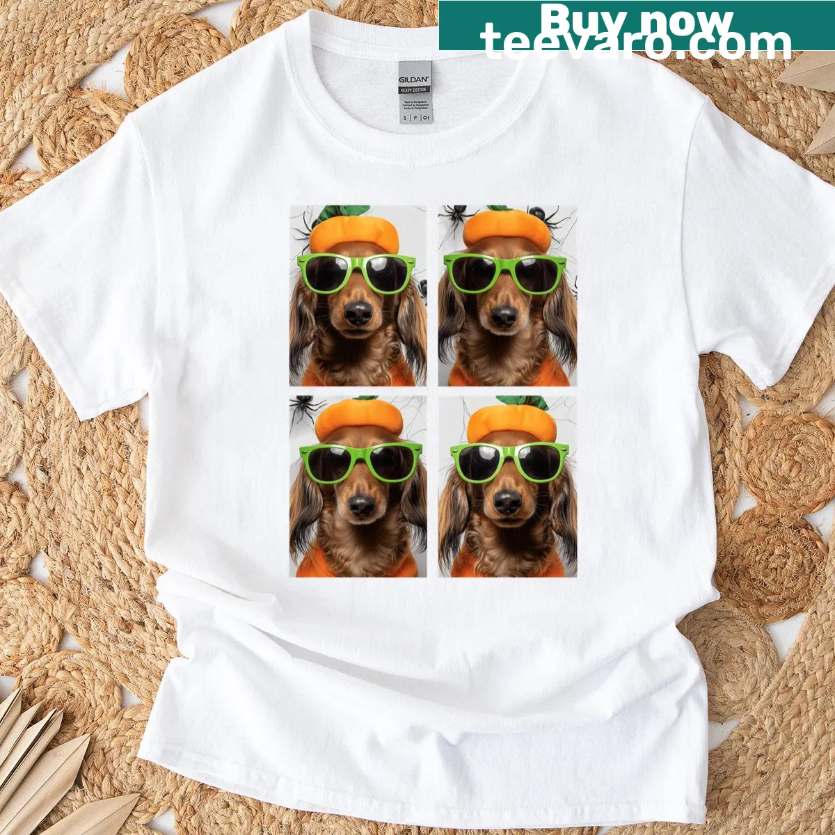 Cute dachshund in pumpkin costume with sunglasses for Halloween — on a men's t-shirt