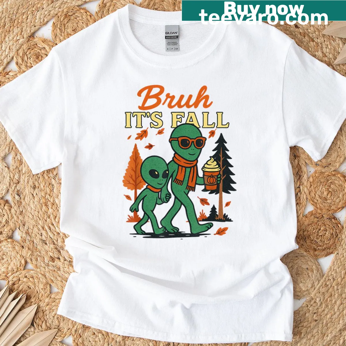 Funny alien t-shirt celebrating fall and Thanksgiving with coffee — on a men's t-shirt