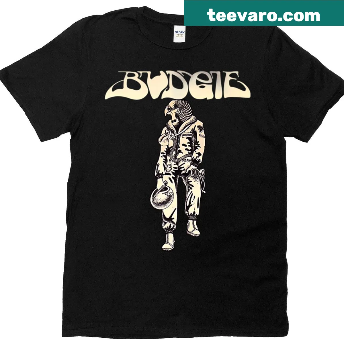 Cartoon budgie band in a whimsical scene — on a men's t-shirt