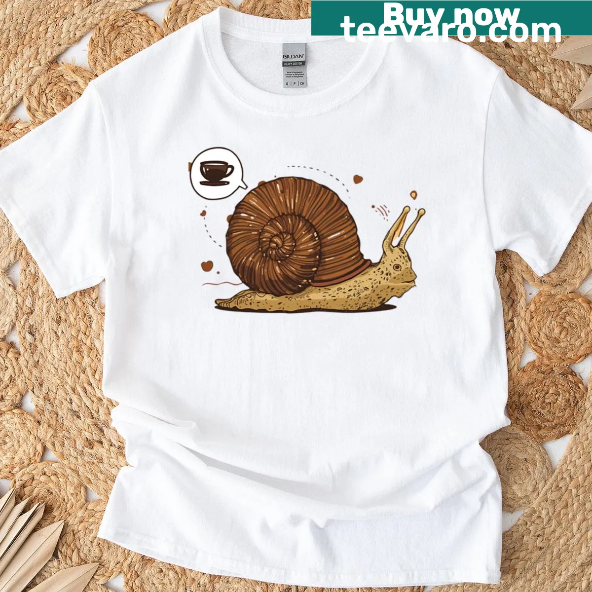 Funny snail graphic carrying a coffee cup on a t-shirt — on a men's t-shirt