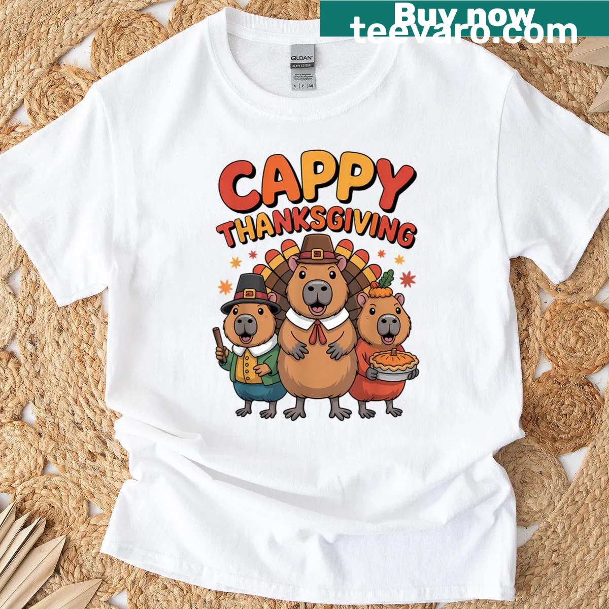 Funny capybara in a Thanksgiving themed design. — on a men's t-shirt
