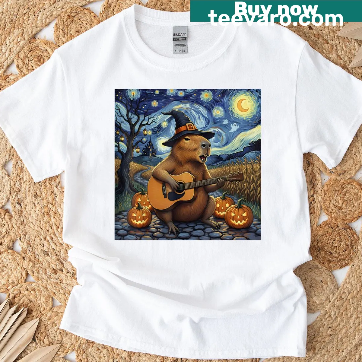 Capybara playing guitar in Van Gogh style — on a men's t-shirt