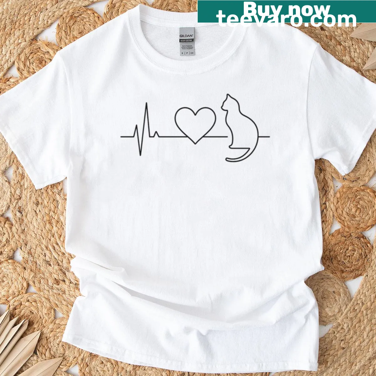 Minimalist cat heartbeat design on a love-themed t-shirt — on a men's t-shirt