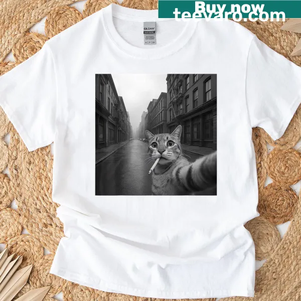 Funny cat selfie design featuring a cat smoking on a street t-shirt