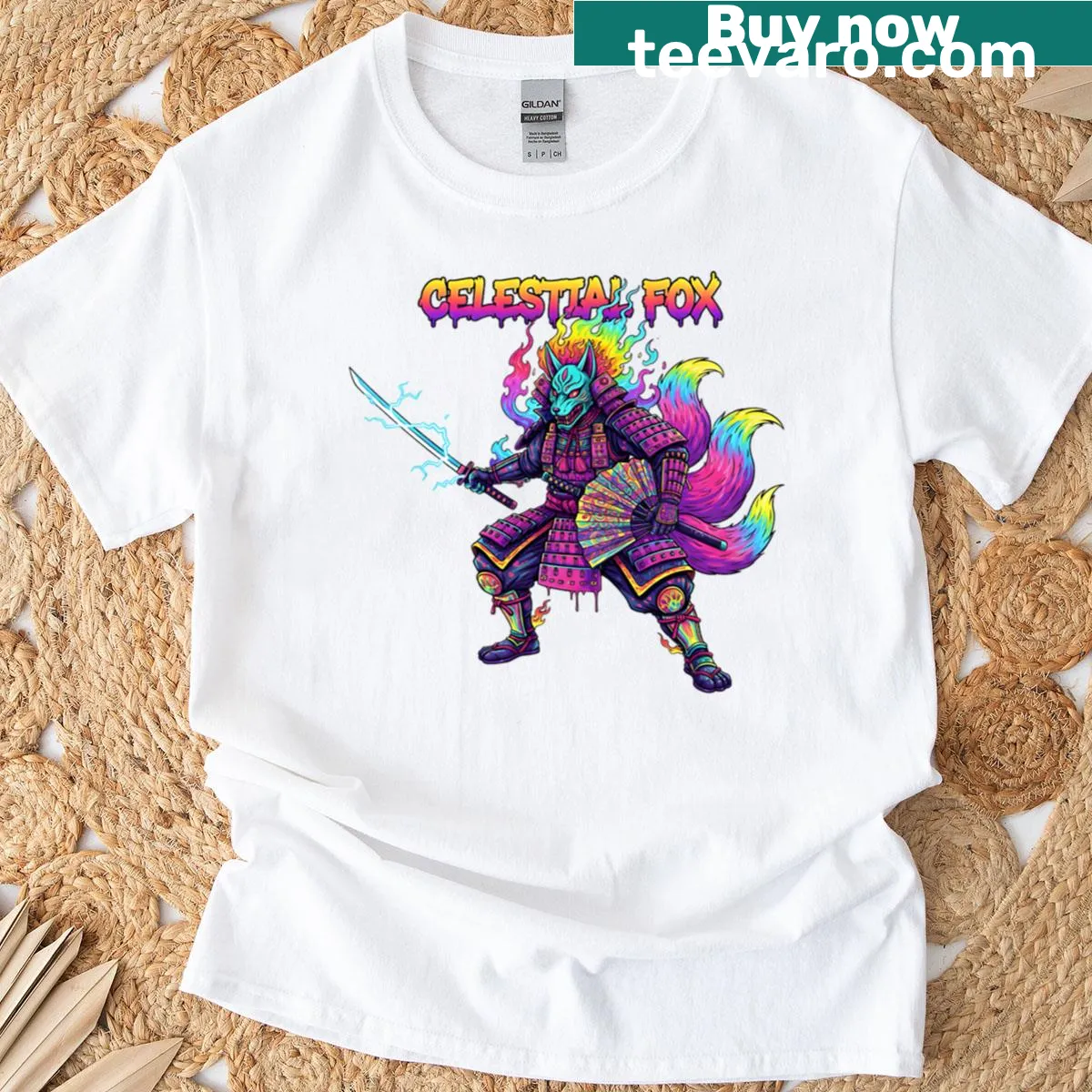Psychedelic fox wearing a samurai mask on a T-shirt — on a men's t-shirt
