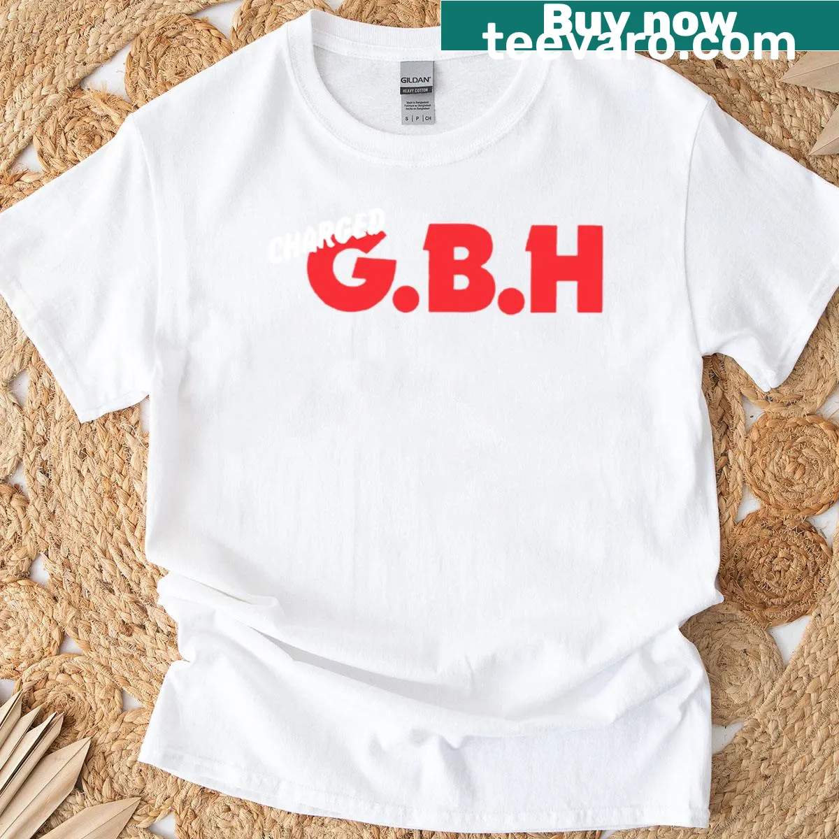 Charged Gbh shirt featuring bold typography and logo. — on a men's t-shirt