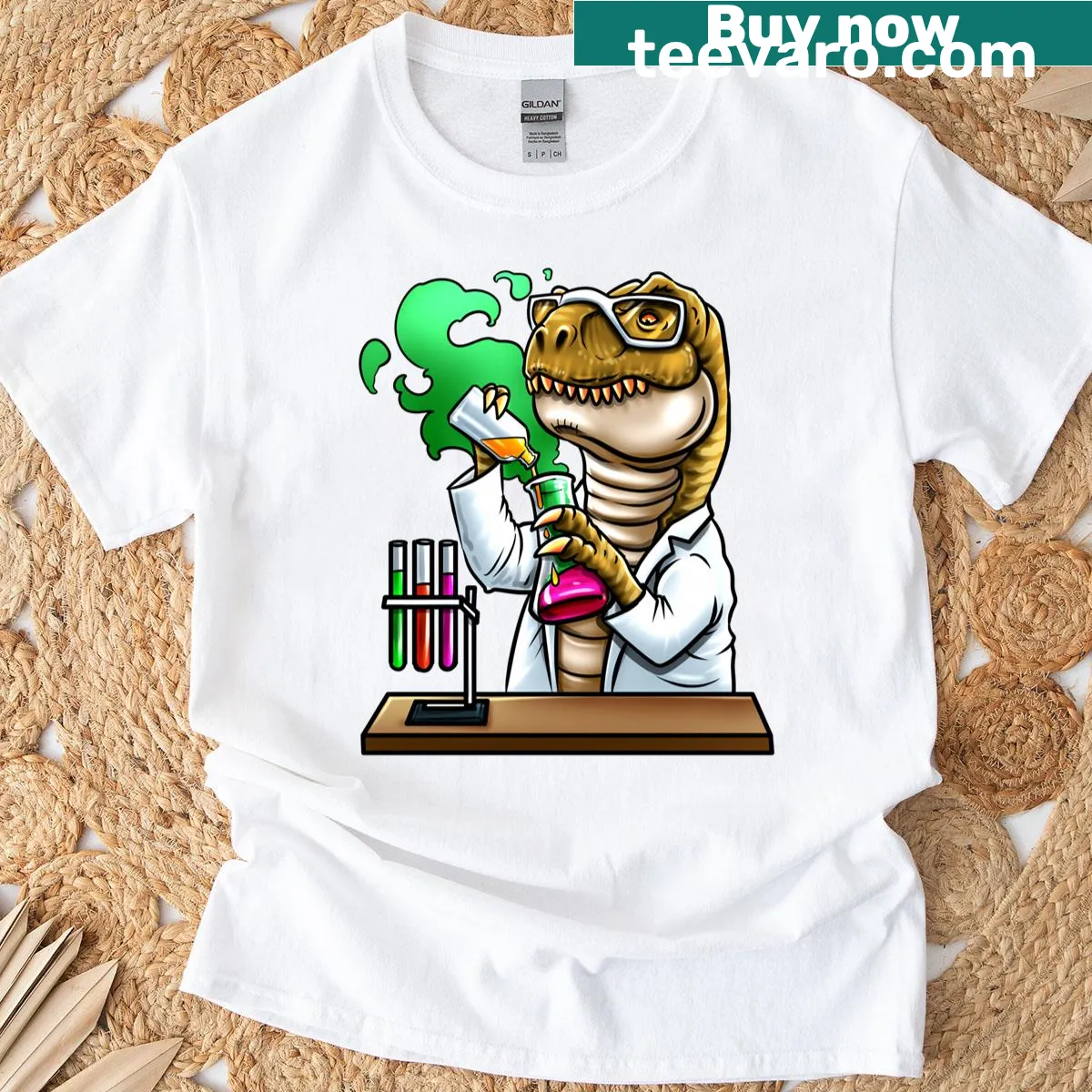 Funny T-rex dinosaur chemist graphic on purple t-shirt — on a men's t-shirt
