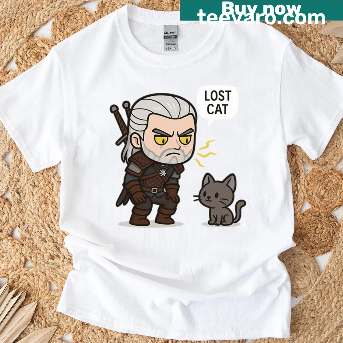 Chibi Geralt searching for a lost cat in a funny design — on a men's t-shirt