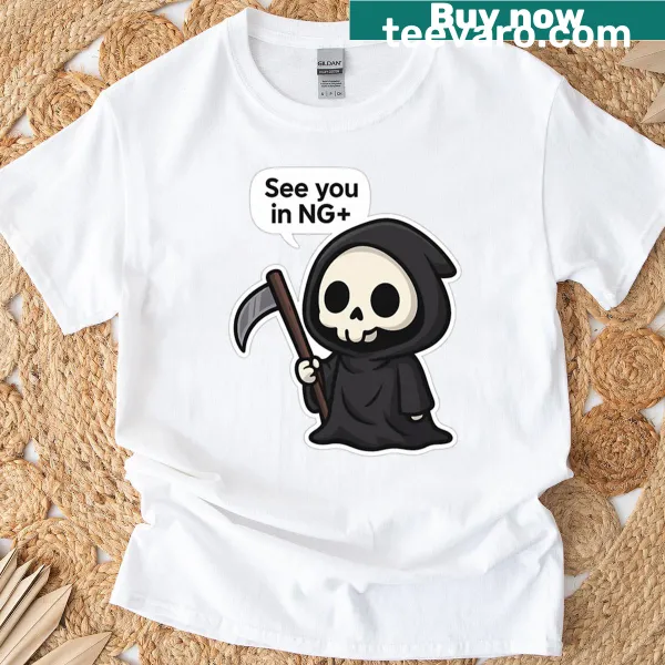 Chibi Grim Reaper graphic on a funny gaming parody t-shirt