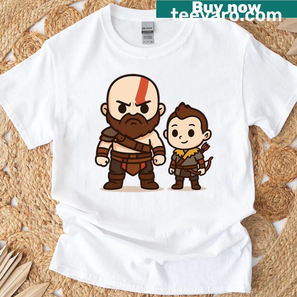 Chibi Kratos design showcasing an angry dad theme in a humorous style — on a men's t-shirt