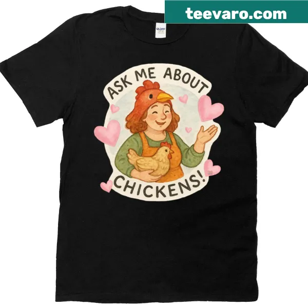 Whimsical chicken graphic with text on a T-shirt