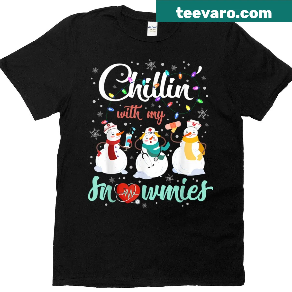Funny nurse T-shirt with snowmen and Christmas lights illustration — on a men's t-shirt