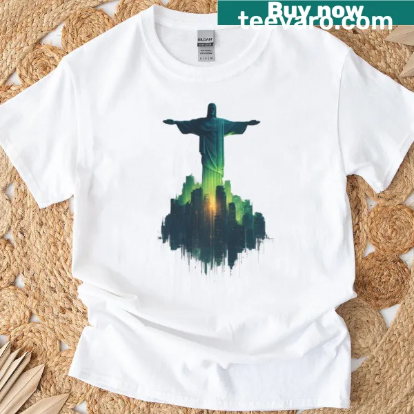 Illustration of Christ the Redeemer with Rio skyline in neon style.