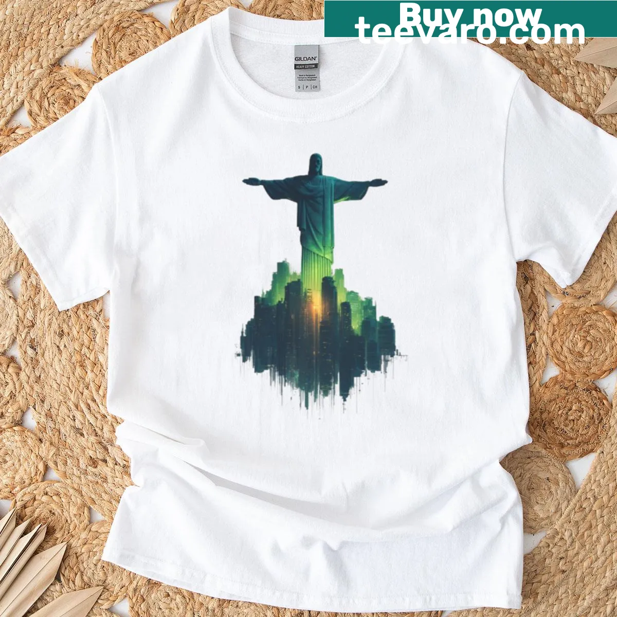 Illustration of Christ the Redeemer with Rio skyline in neon style. — on a men's t-shirt