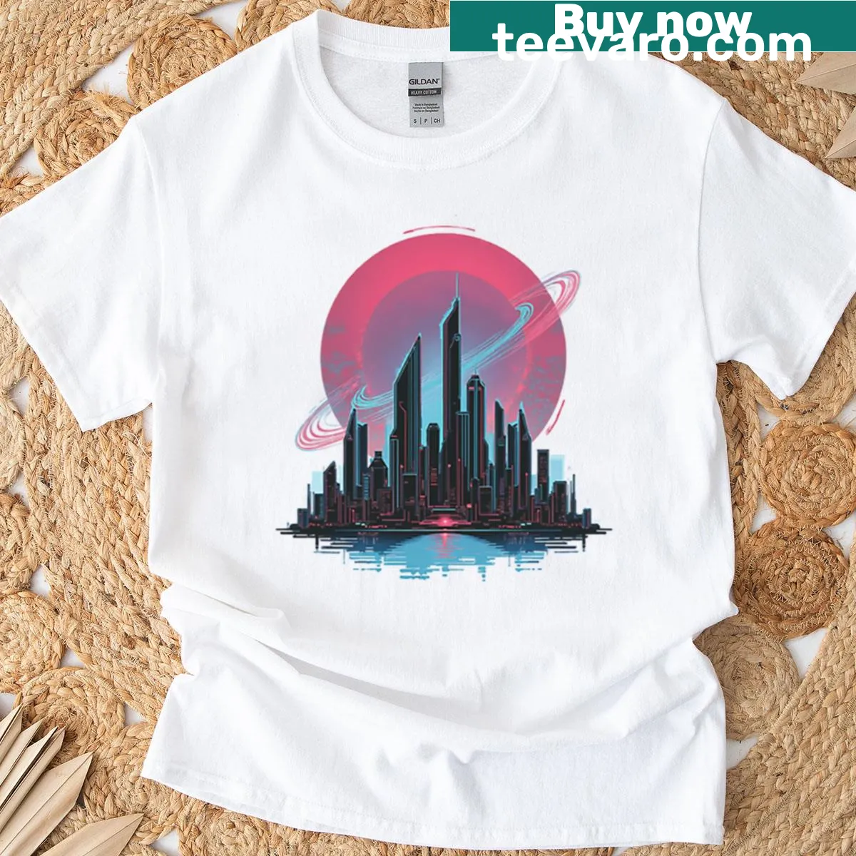Illustration of a city merging with a planet on a sci-fi t-shirt. — on a men's t-shirt