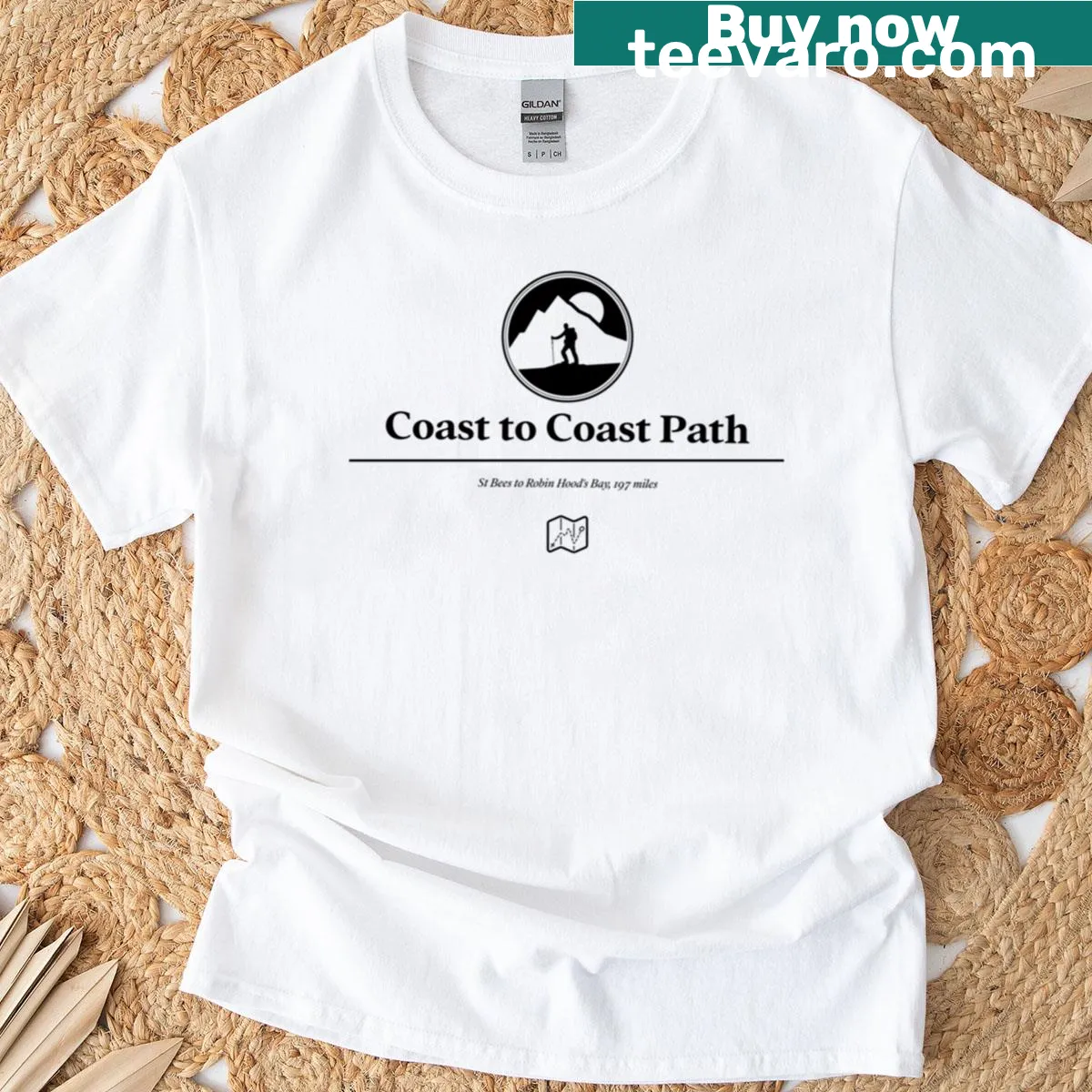Illustrative T-shirt depicting the coast-to-coast path from St Bees to Robin Hoods Bay — on a men's t-shirt