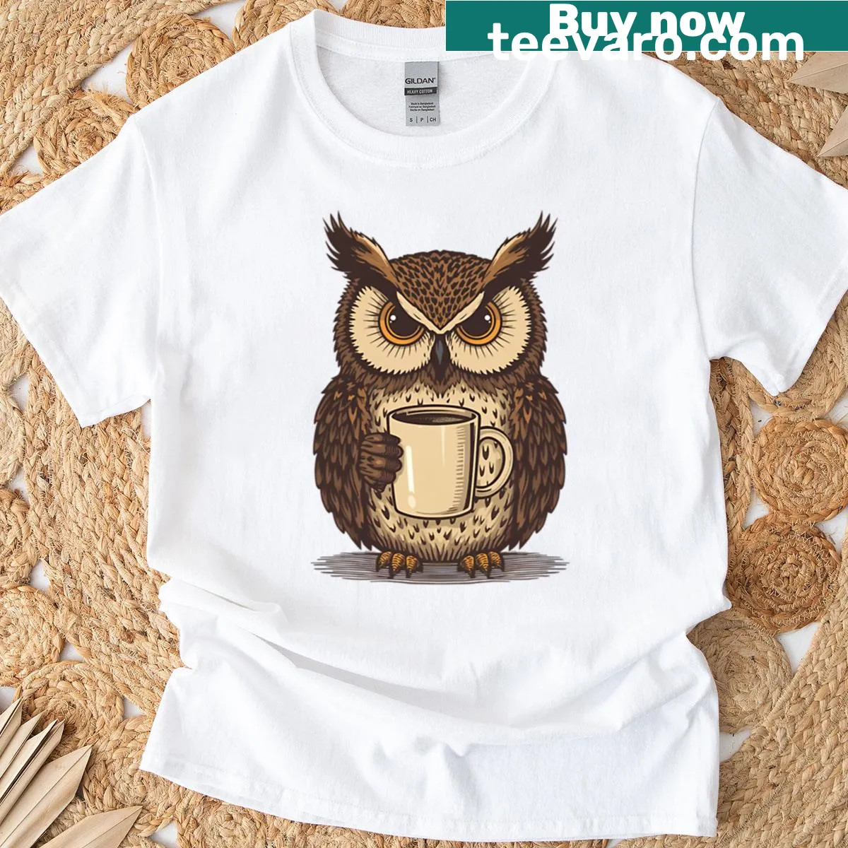 Cute cartoon owl on a coffee cup design t-shirt — on a men's t-shirt