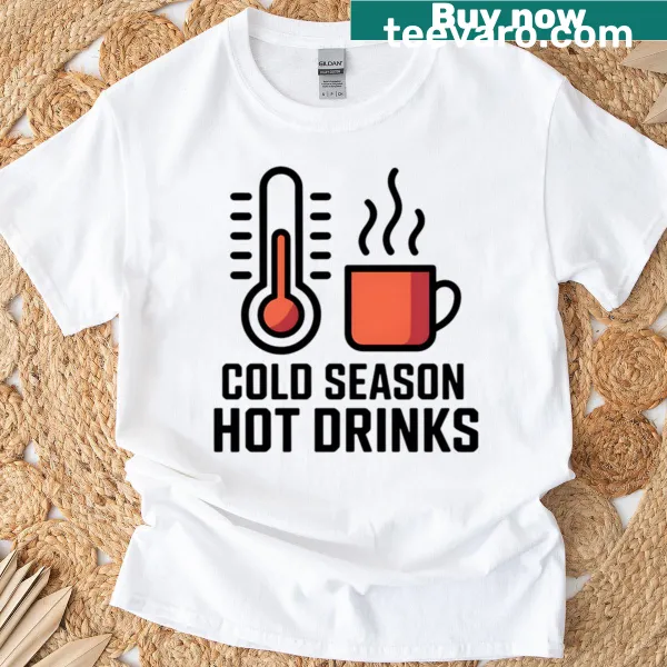 Cozy winter-themed t-shirt featuring hot drinks for the cold season.