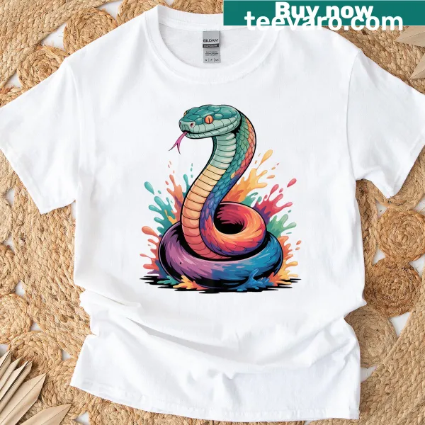 Artistic snake graphic with paint splatter design on a shirt