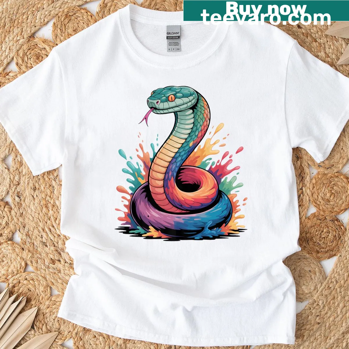 Artistic snake graphic with paint splatter design on a shirt — on a men's t-shirt