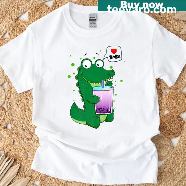Kawaii t-shirt featuring a crocodile with boba tea in a fun anime style.