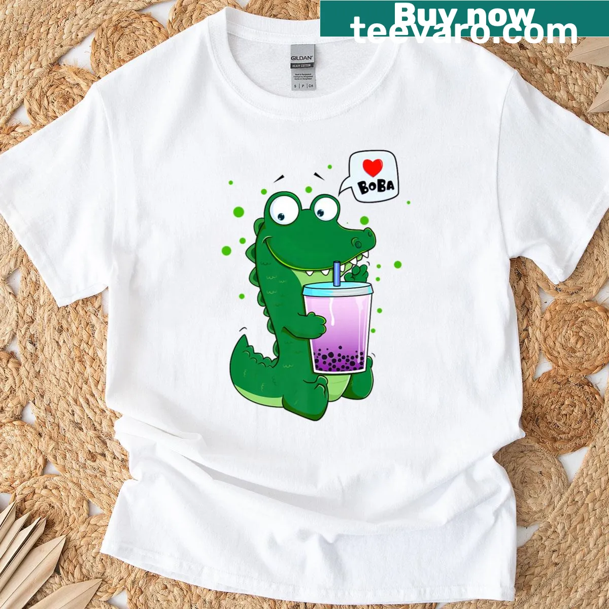 Kawaii t-shirt featuring a crocodile with boba tea in a fun anime style. — on a men's t-shirt