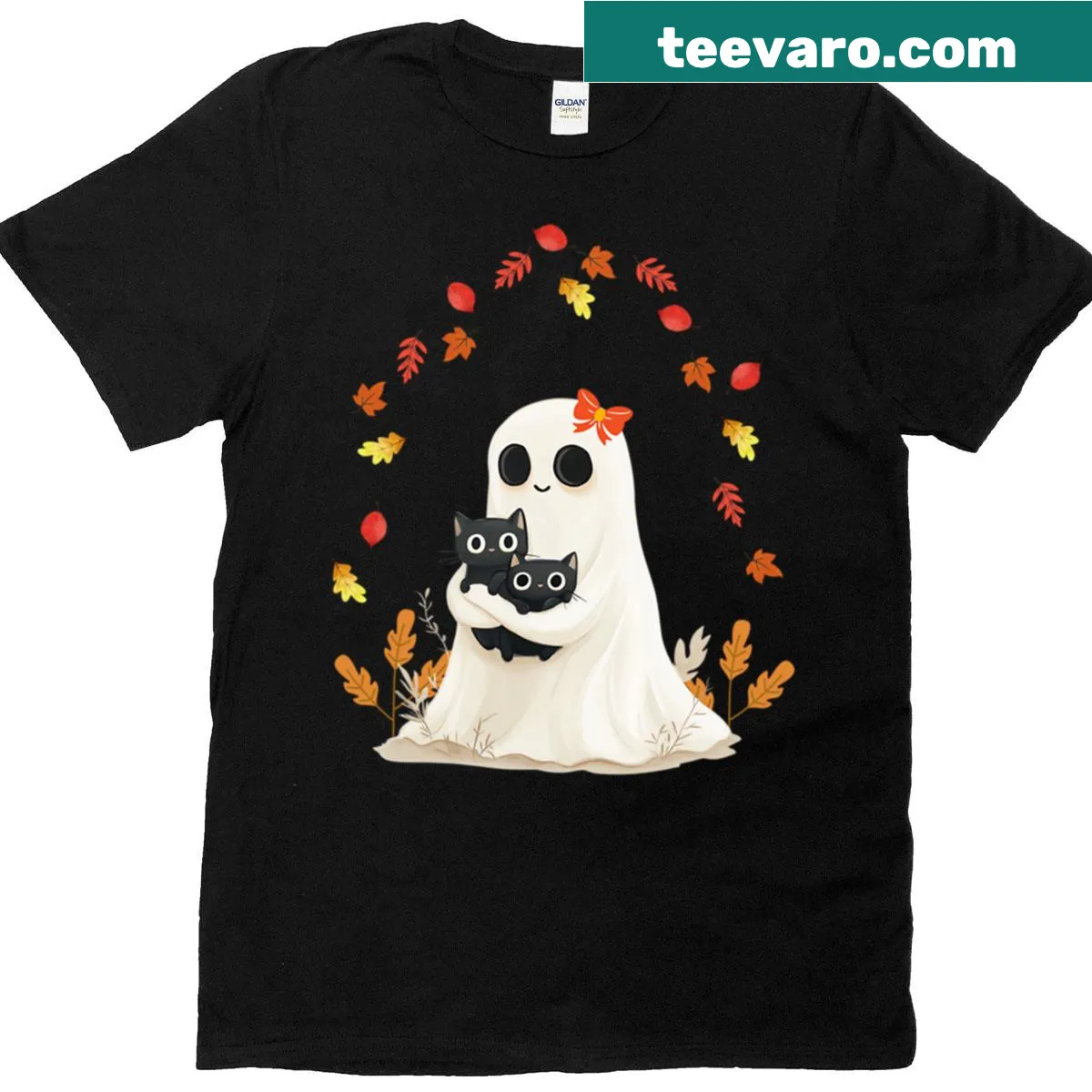 Adorable ghost hugging black cats graphic for Halloween T-shirt — on a men's t-shirt