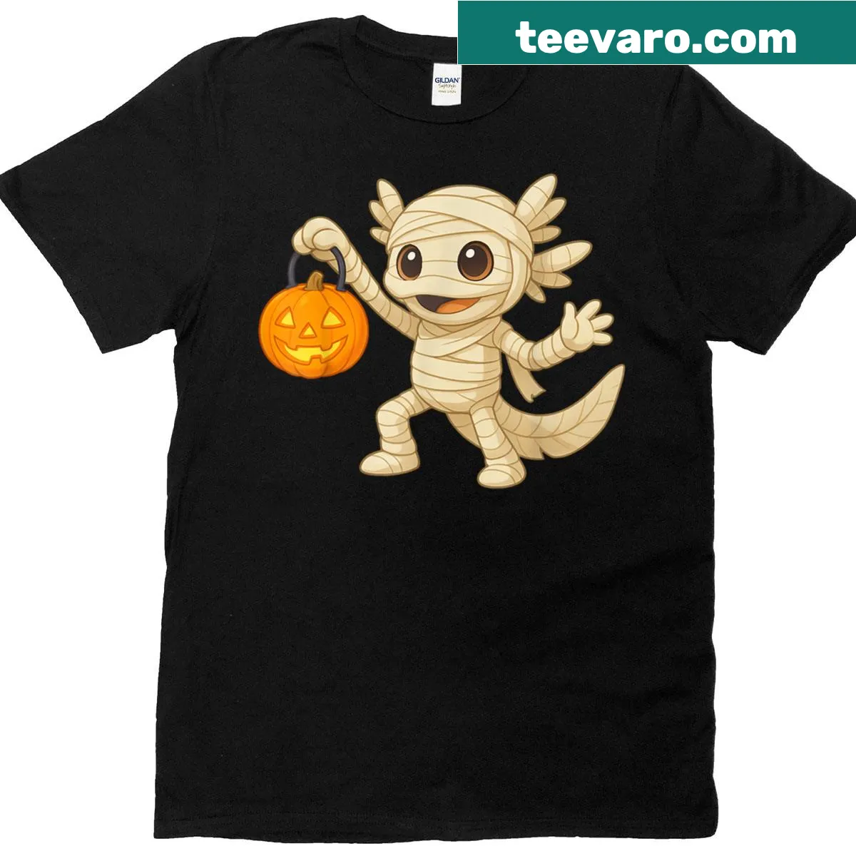 Cute axolotl mummy with a jack-o-lantern illustration on kids t-shirt — on a men's t-shirt